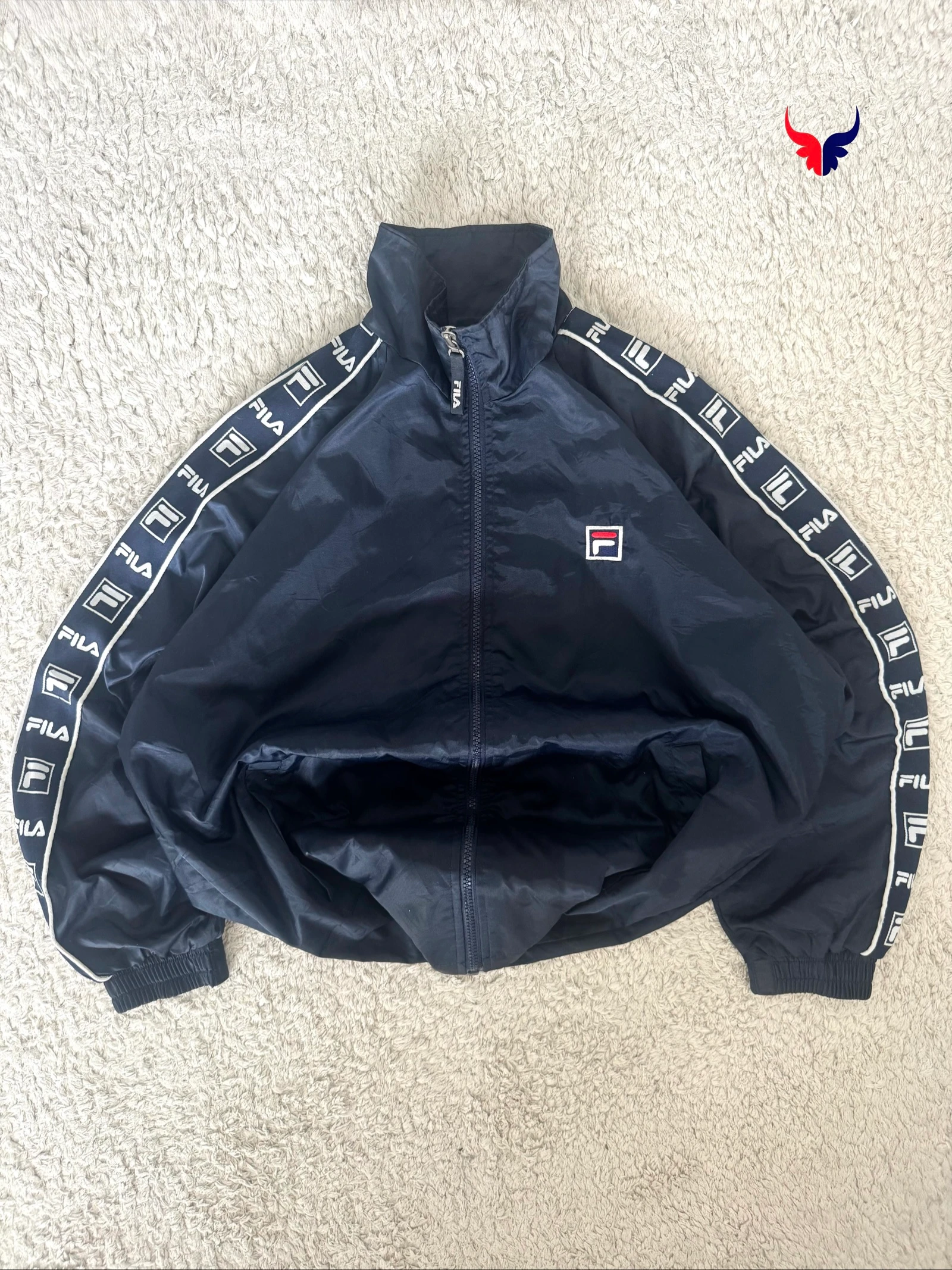 FILA Vintage Tape Logo Windbreaker Jacket Navy 90s Japanese Streetwear M